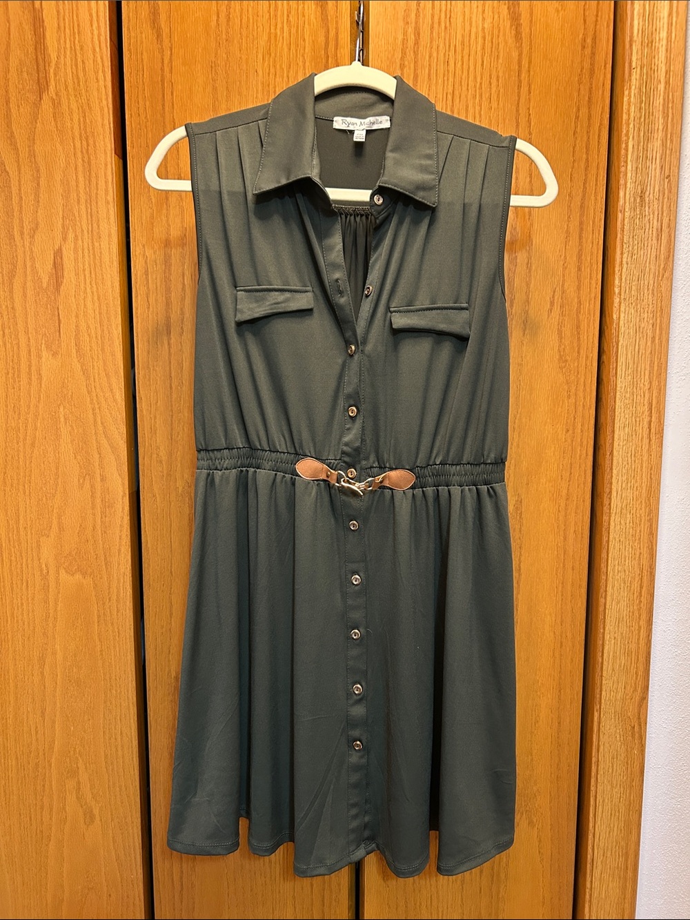 Sleeveless Olive Green Shirt Dress with Waist Hardware